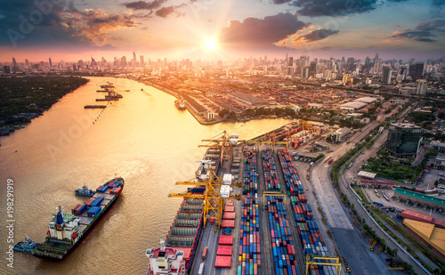 Photography Container ship in import export and business logistic, By crane, Trade Port, Shi