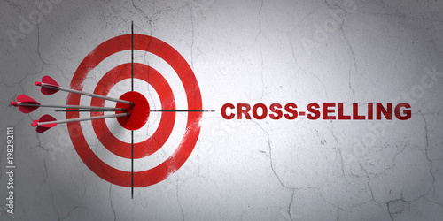 Success business concept: arrows hitting the center of target, Red Cross-Selling on wall background, 3D rendering photo