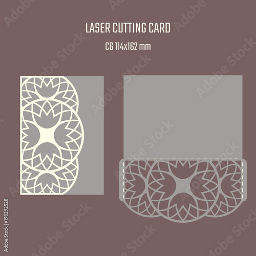 DIY laser cutting vector envelope. Wedding die cut invitation template. Cutout silhouette card. Scrapbook carved paperwork. Floral layout.