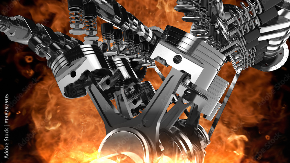 Fotografie 3D model of a working V8 engine with explosions and flames