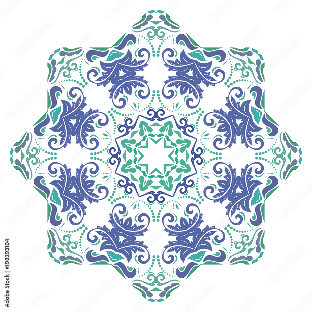 Oriental vector pattern with arabesques and floral elements. Traditional classic round colorful ornament. Vintage pattern with arabesques