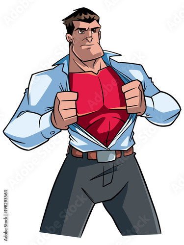 Illustration of businessman revealing his true identity of powerful superhero.