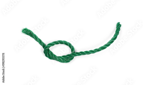 Green synthetic cord, string, rope isolated on white background texture