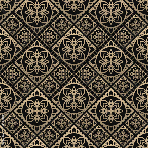 Seamless pattern oriental ornament. Black and golden textile print. Islamic vector design. Floral tiles.
