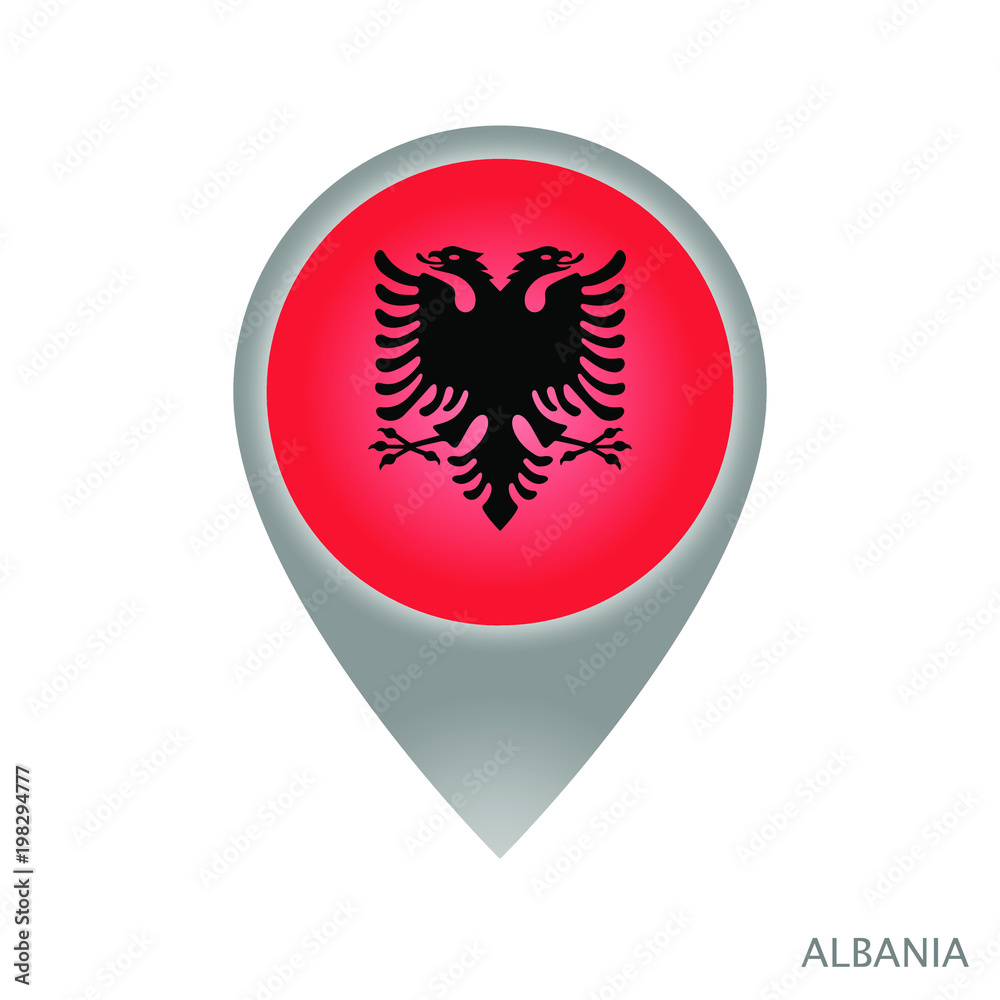 Map pointer with flag of Albania. Gray abstract map icon. Vector Illustration. Map pointer with flag of Albania. Gray abstract map icon. Vector Illustration.