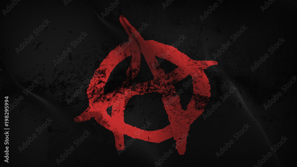 Anarchy Symbol red black grunge flag waving loop. Anarchy Symbol red on