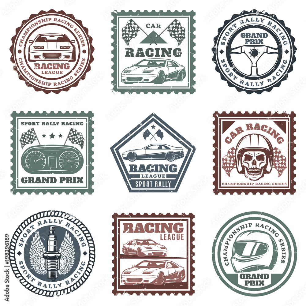 Obraz premium Vintage Car Sport Racing Stamps Set