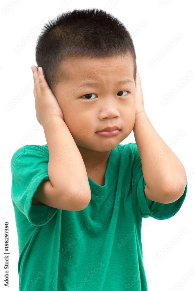 Asian child covered his ears Asian child covered his ears