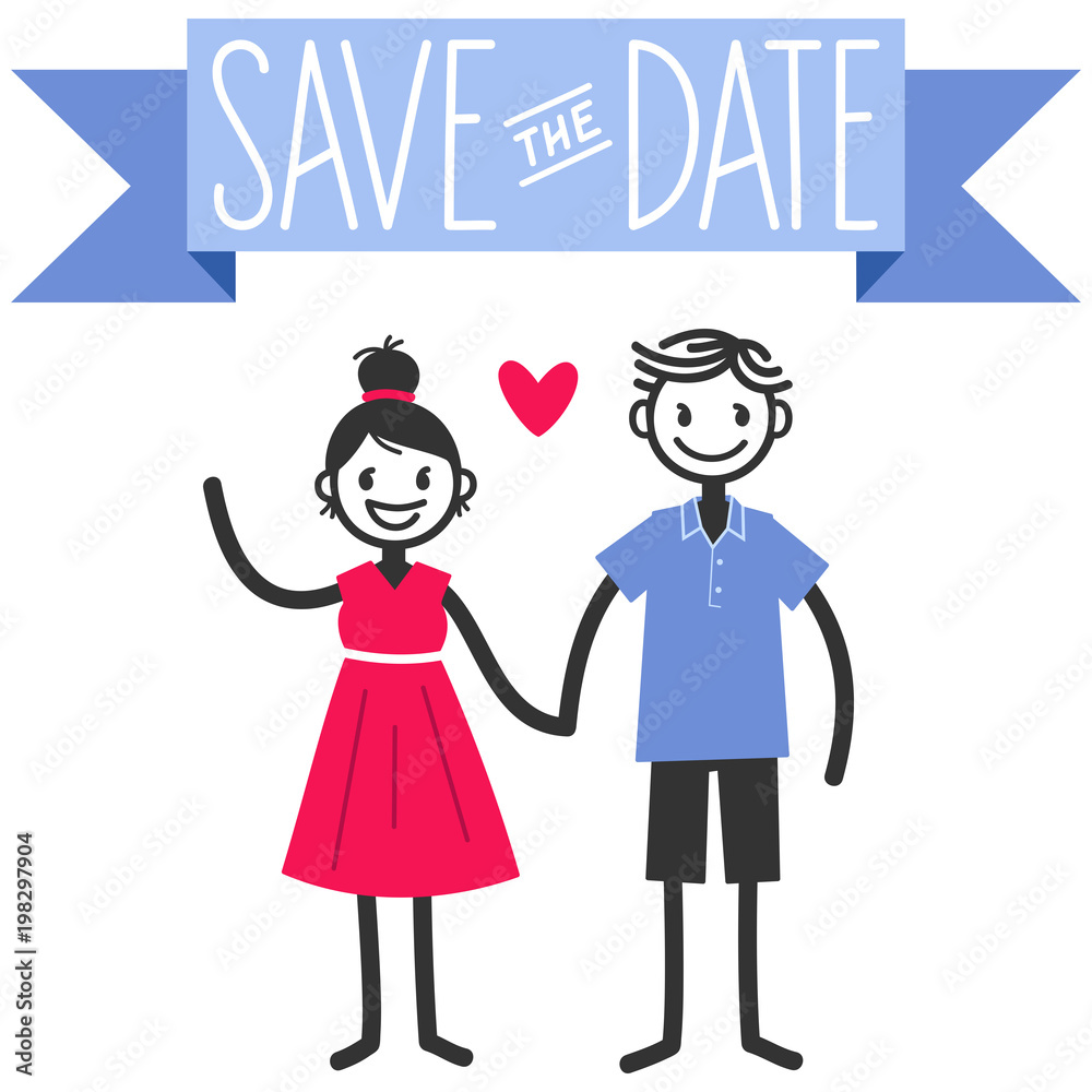 Vector illustration of cute stick figures couple, save the date wedding template isolated on white background