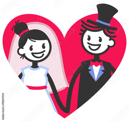 Vector wedding illustration of cute stick figures bridal couple smiling and standing inside red heart isolated on white background, wedding invitation template