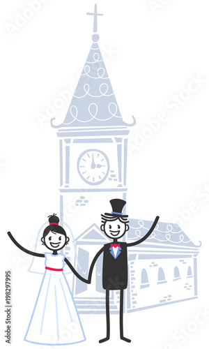 Vector wedding illustration of happy stick figures bridal couple standing in front of Church waving isolated on white background, wedding invitation template