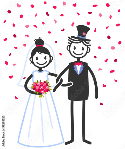 Vector wedding illustration of happy stick figures bridal couple standing with rose petals falling down isolated on white background, wedding invitation template