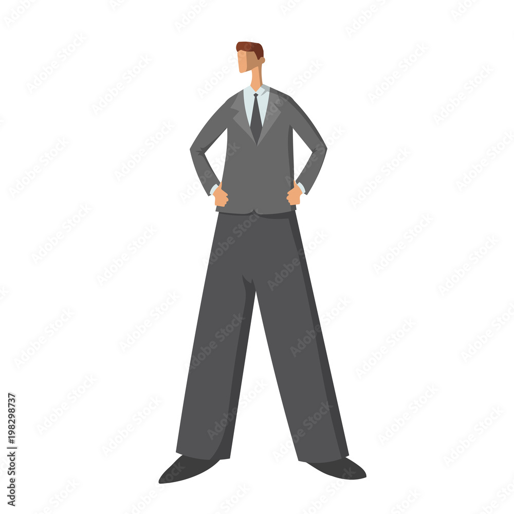 Confident in himself Young businessman standing with hands on hips. Vector character illustration in flat style, isolated on white background.