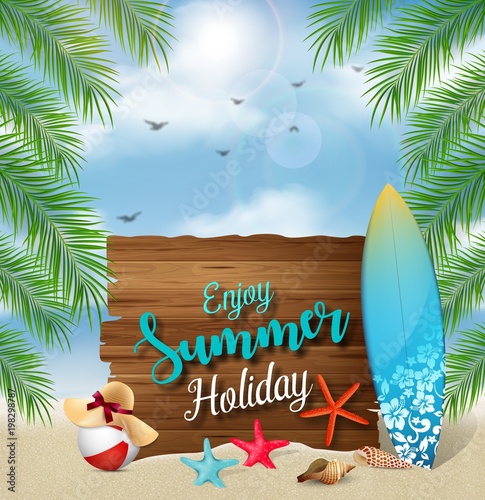 Enjoy summer holidays banner design with a wooden sign for text and beach elements