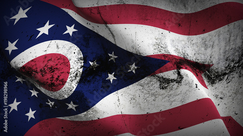 Ohio US State grunge flag waving loop. United States of America Ohio dirty flag blowing on wind.