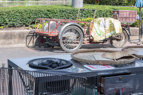 Charcoal stove in merchant's cart, prepare for grilled something
