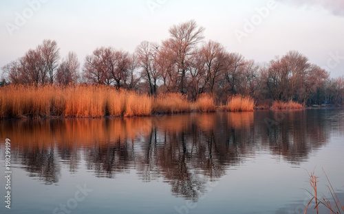 Scenic view with reflection on the lake. Calm pond early in the morning