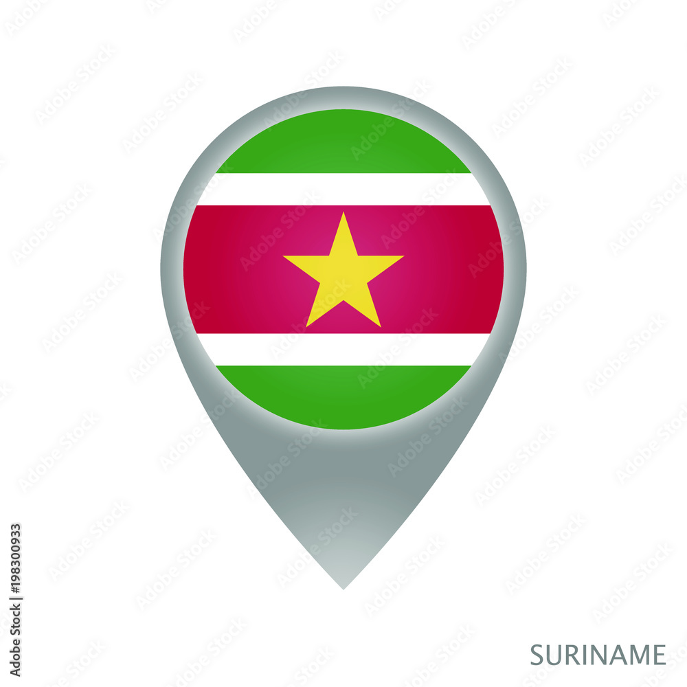 Fototapeta premium Map pointer with flag of Suriname. Gray abstract map icon. Vector Illustration.