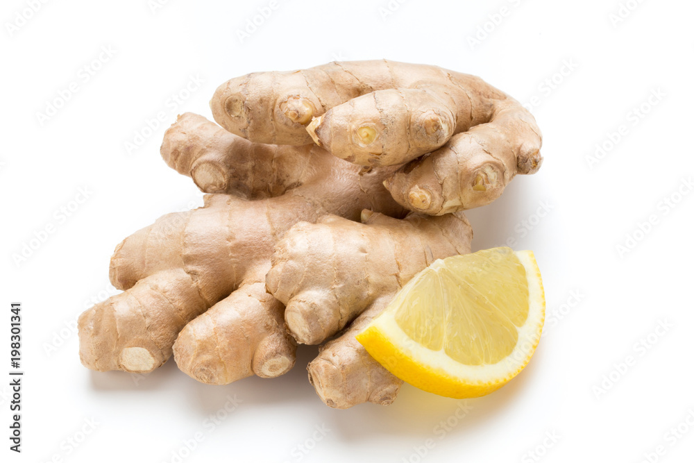 Ginger bio and lemon on white background.