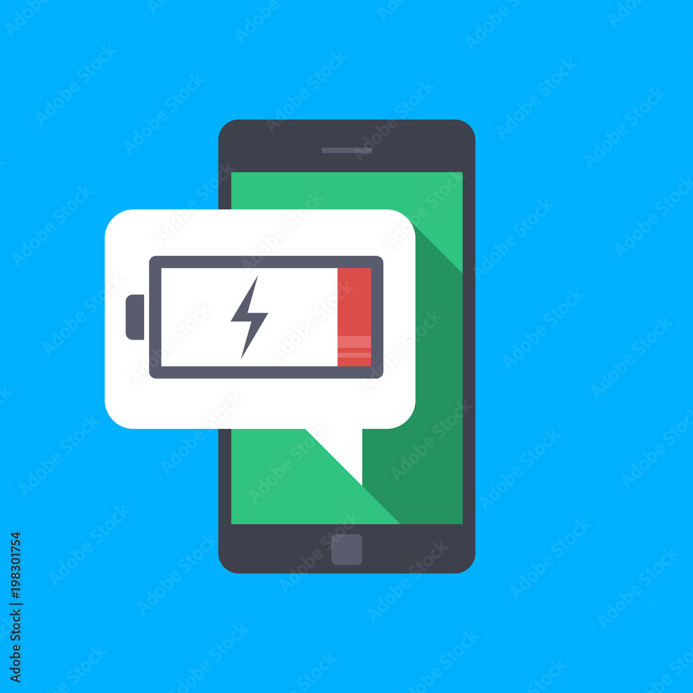 Message on the mobile phone about low battery charge. Little energy. Low charge on the mobile phone. You need to charge the portable device. Vector flat illustration isolated.