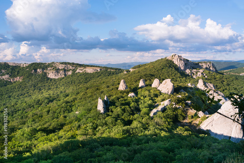 Temple of the Sun - a place of power on the southern coast of Crimea. View from the top of the mountain Ilyas Kaya. Summer day. Enjoyable trip.