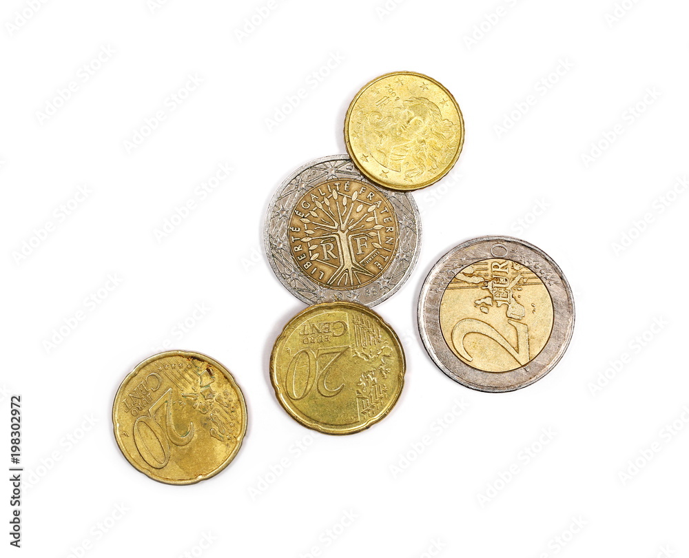 Euro coins, money, currency isolated on white background, top view Euro coins, money, currency isolated on white background, top view