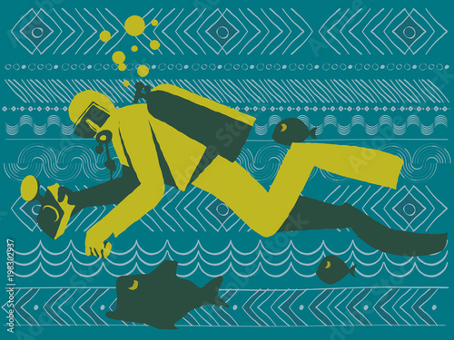 Diver underwater with waterproof camera surrounded by fish blue backgroud