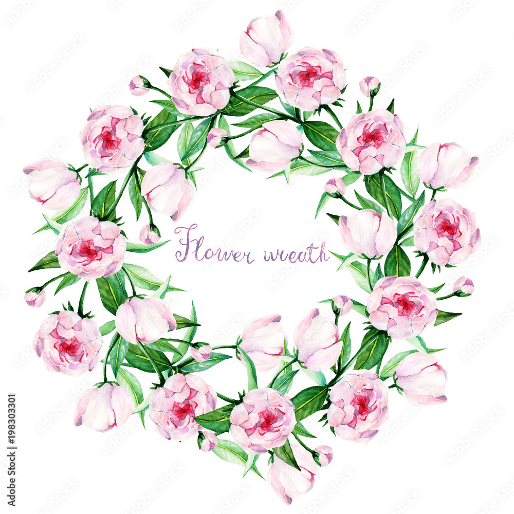peony, card for you, handmade, watercolor, flowers,  flower wreath, buds, leaves, green and pink