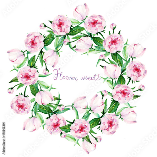 peony  card for you  handmade  watercolor  flowers   flower wreath  buds  leaves  green and pink