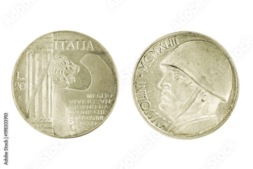 Two side of Silver Italian Mussolini lira Coin isolated on a white background. photo