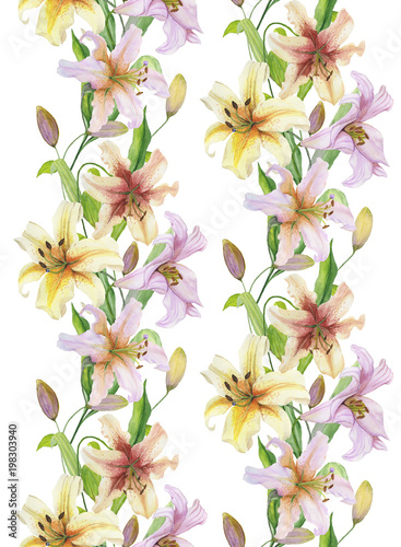 Beautiful lily flowers with green leaves in straight lines on white background. Seamless floral pattern. Watercolor painting. Hand drawn and painted illustration.