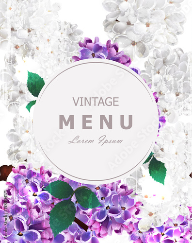 Lilac flowers beautiful round frame card Vector. Spring floral holiday invita...