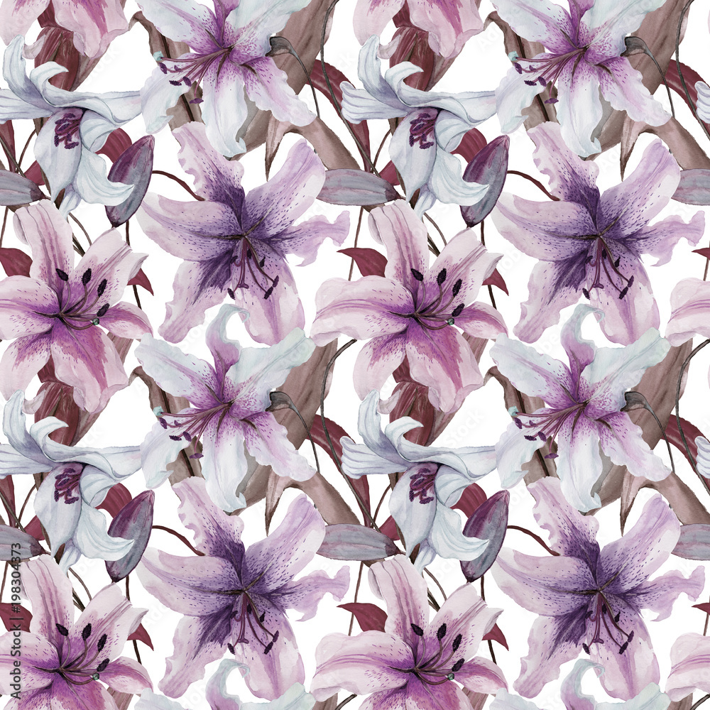 Beautiful lily flowers with leaves on white background. Tints of purple, blue, lilac. Seamless floral pattern. Watercolor painting. Hand painted illustration.
