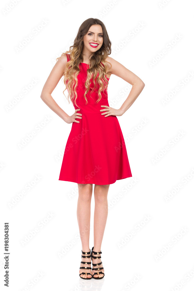 Smiling Beautiful Young Woman In Red Mini Dress Smiling Beautiful Young Woman In Red Mini Dress