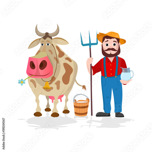Farmer near cow and bottles of milk. Farming and countryside, rural and village landscape, dairy theme