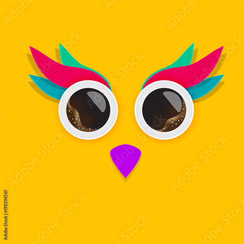 Owl face made of coffee cups and paper art.Coffee concept.