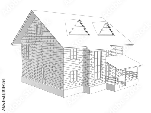 3d illustration of a two-storey cottage house. Linear and tonal drawing. Walls from blocks. 3d modeling