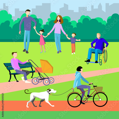 Parents and children are walking in the park, father with baby in stroller is sitting on the bench, man in the wheelchair,woman on bike and with dog on leash .