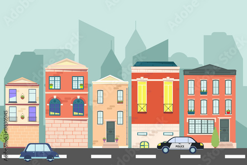 City landscape. Urban landscape in flat style. Vector illustration. © valedella25