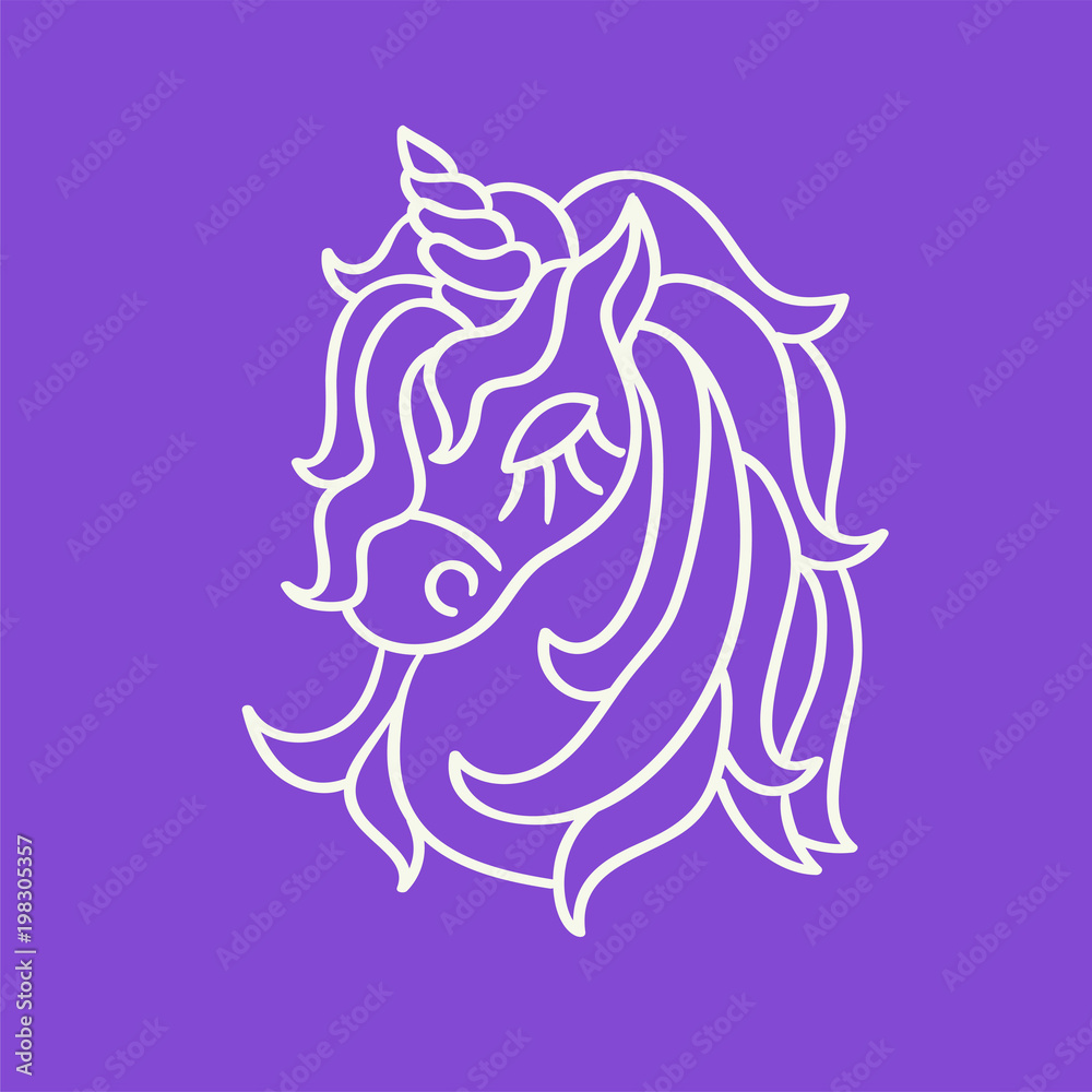 Unicorn head white outline sketch icon on the purple