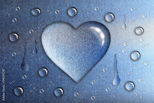 a drop of water in the shape of a heart, a blue metallic background, a matte texture