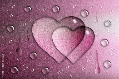 a drop of water in the shape of a heart, a pink metallic background, a matte texture