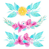Watercolor hand painted floral decoration with lemon and bouganvillea flower. Can use it for printing and decoration.