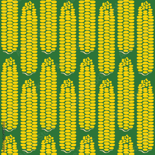 Full repeated corn pattern green background. A playful, modern, and flexible pattern for food brand. Repeated pattern. Delicious corn.