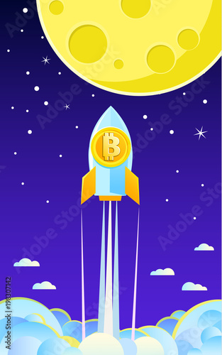 Concept of Crypto-currency. Rocket flying to the moon with bitcoin icon.