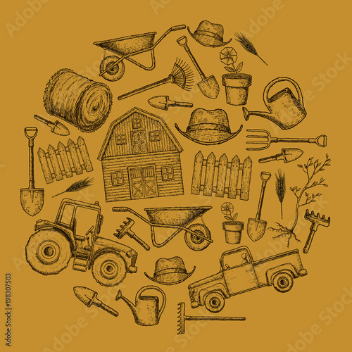 Set of farming equipment icons. Farming tools and agricultural machines decoration, sketch illustration. Vector