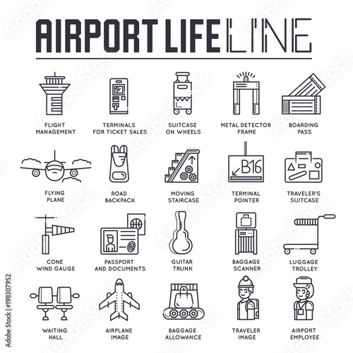 Thin line staff working and registering people and luggage in the airport design.  Registration outline vector illustration concept.