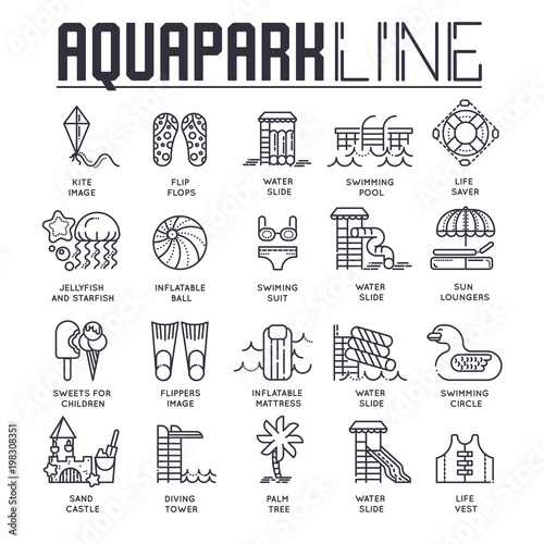 Set of different line-drawn icons dedicated to aquapark theme. Layout modern vector background illustration design concept