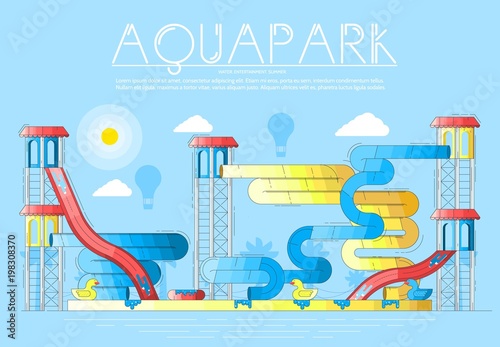 Different colored bright waterslides and garrets in aquapark. Layout modern vector background illustration design concept