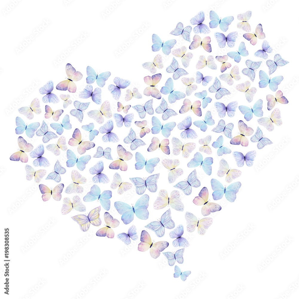 Watercolor hand drawn heart of butterflies on a white background. Ideal for greeting and love cards, wedding, packaging.
